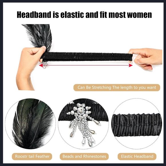 Women 1920s Flapper Set with Headband Beaded Necklaces Earrings Gloves for Vinta - Picture 3 of 7